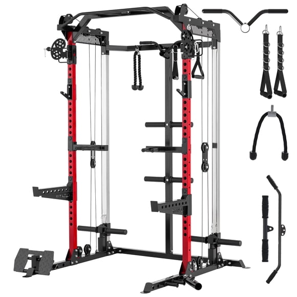 Cage Motorisée, Support pour Squats avec Système Croisé à Double Poulie et Câble, Machine d'Entraînement de Gym à Domicile Multifonction à Poids Libre avec Accessoires