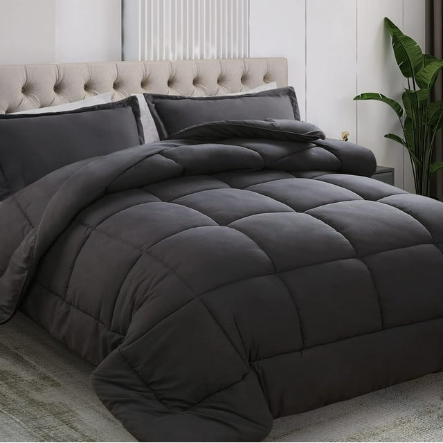 Queen Size Comforter Set 3 PCs, Premium 350GSM Soft Quilted Down Alternative Comforter+2 Pillow Shams with Corner Tabs-Machine Washable Dark Grey, Queen(88 * 88)