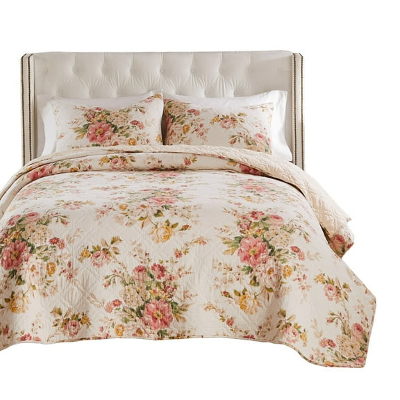 Benjara Givi 3pc King Quilt Set, Shams, Red and Floral Beige Buttercup Cotton