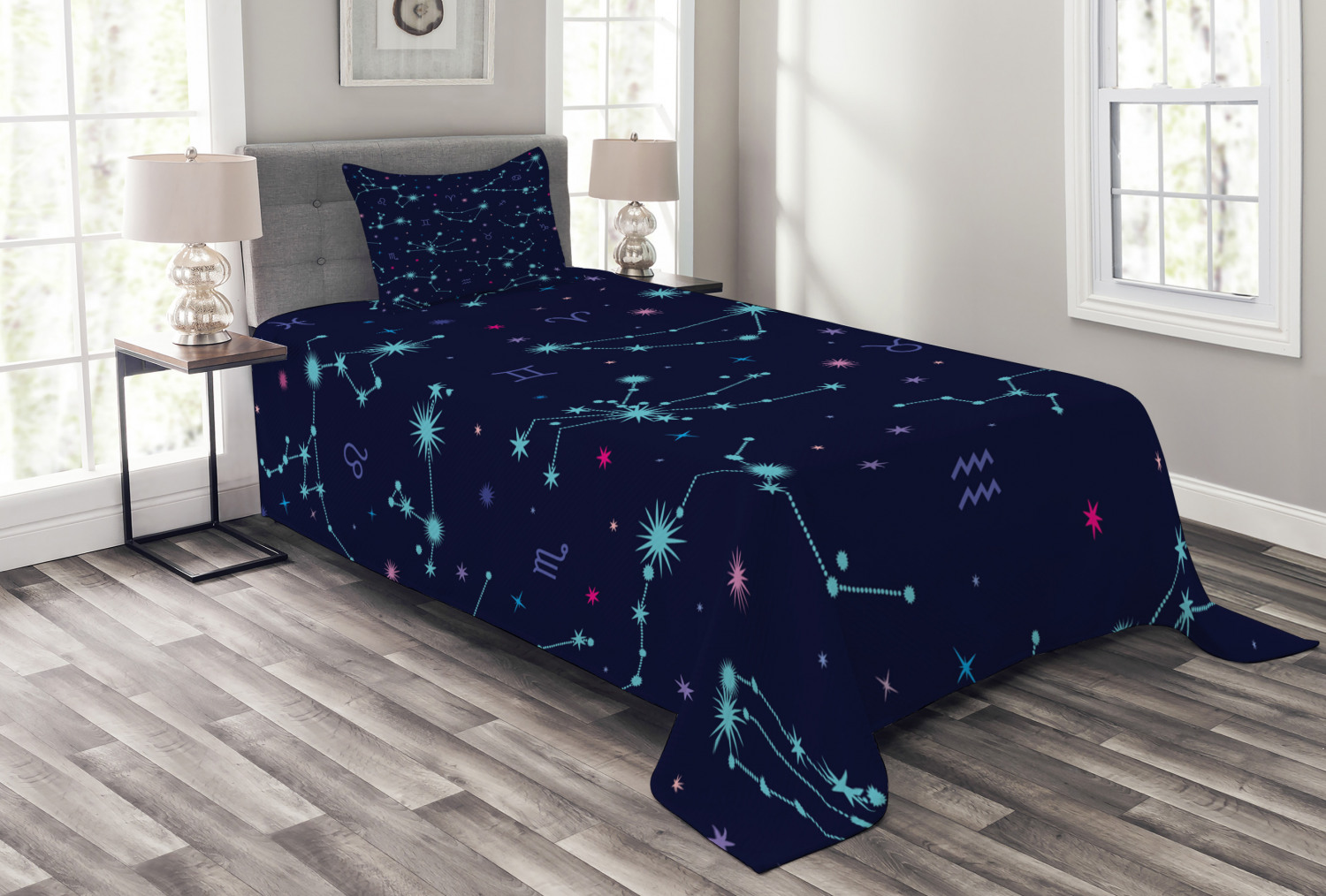 Astrology Bedspread Set Twin Size, Colorful Zodiac Horoscope Sign with