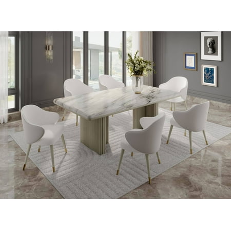 ACME Charity Rubber Wood and Marble Dining Table in White & Gray Oak