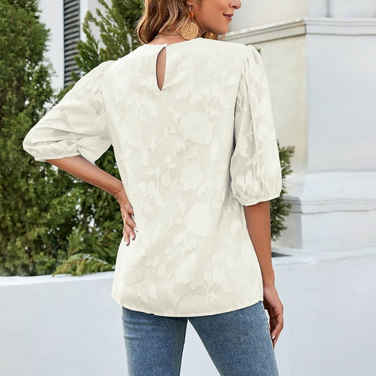 Embroidered Womens Summer Tops 3/4 Puff Sleeve Loose Blouse Cotton
