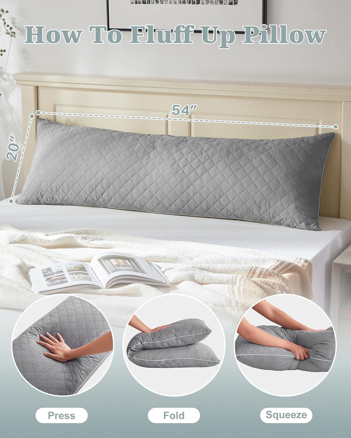 Parojati 20×54 inch Long Washable Body Pillow Insert for Adults with Shredded White Memory Foam, Soft & Firm enough for Side Sleepers, Pregnant Women, Grey