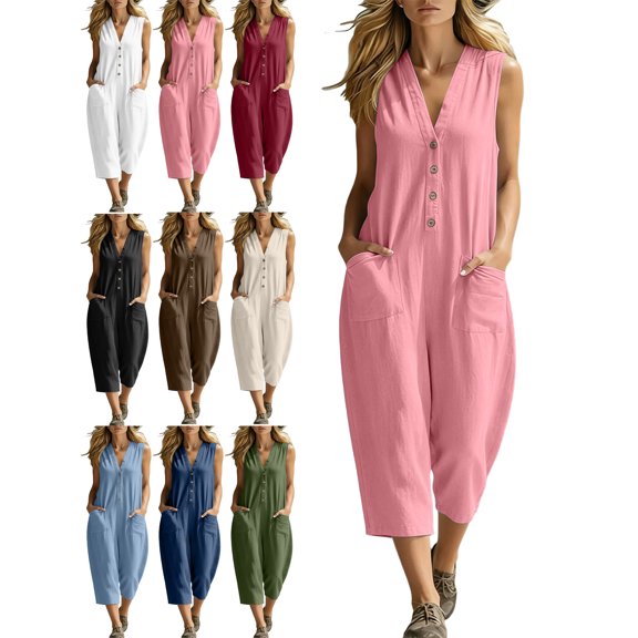 Summer Jumpsuits for Women 100% Cotton Loose Casual Pockets Solid Color Sleeveless Bodysuit with Three-Quarter Pants