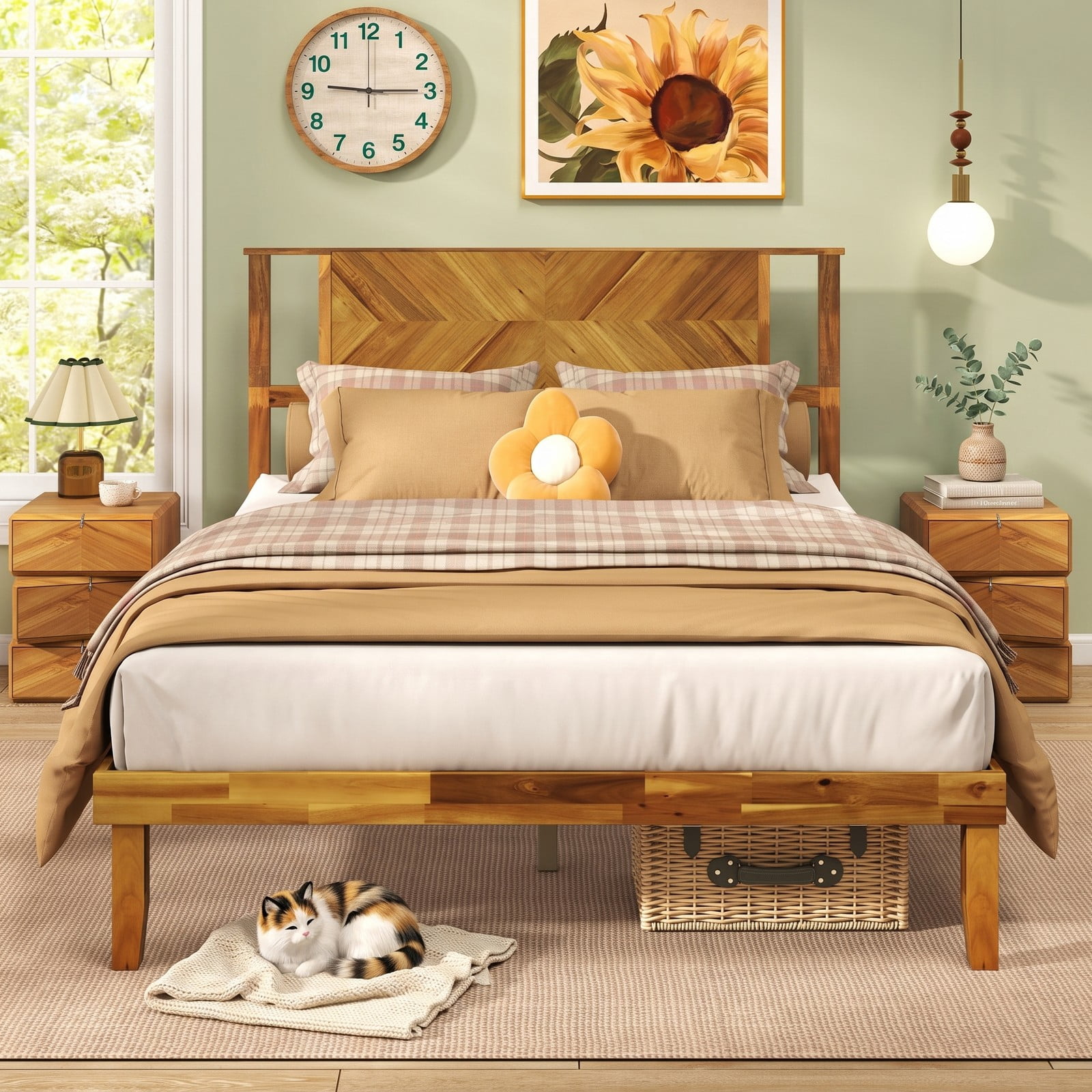 Furnibear Queen Bed Frame Acacia Wood Platform Bed Frame with Mid-Century Headboard, Queen Bed Frame with Headboard No Box Spring, Rustic Golden Brown
