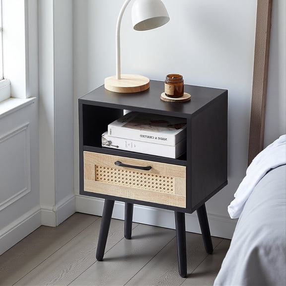 Tcbosik Rattan Nightstand, Boho Bedside Table with Open Shelf & One Drawer, Farmhouse End Table with Solid Wood Legs, for Bedroom/Living Room, Black