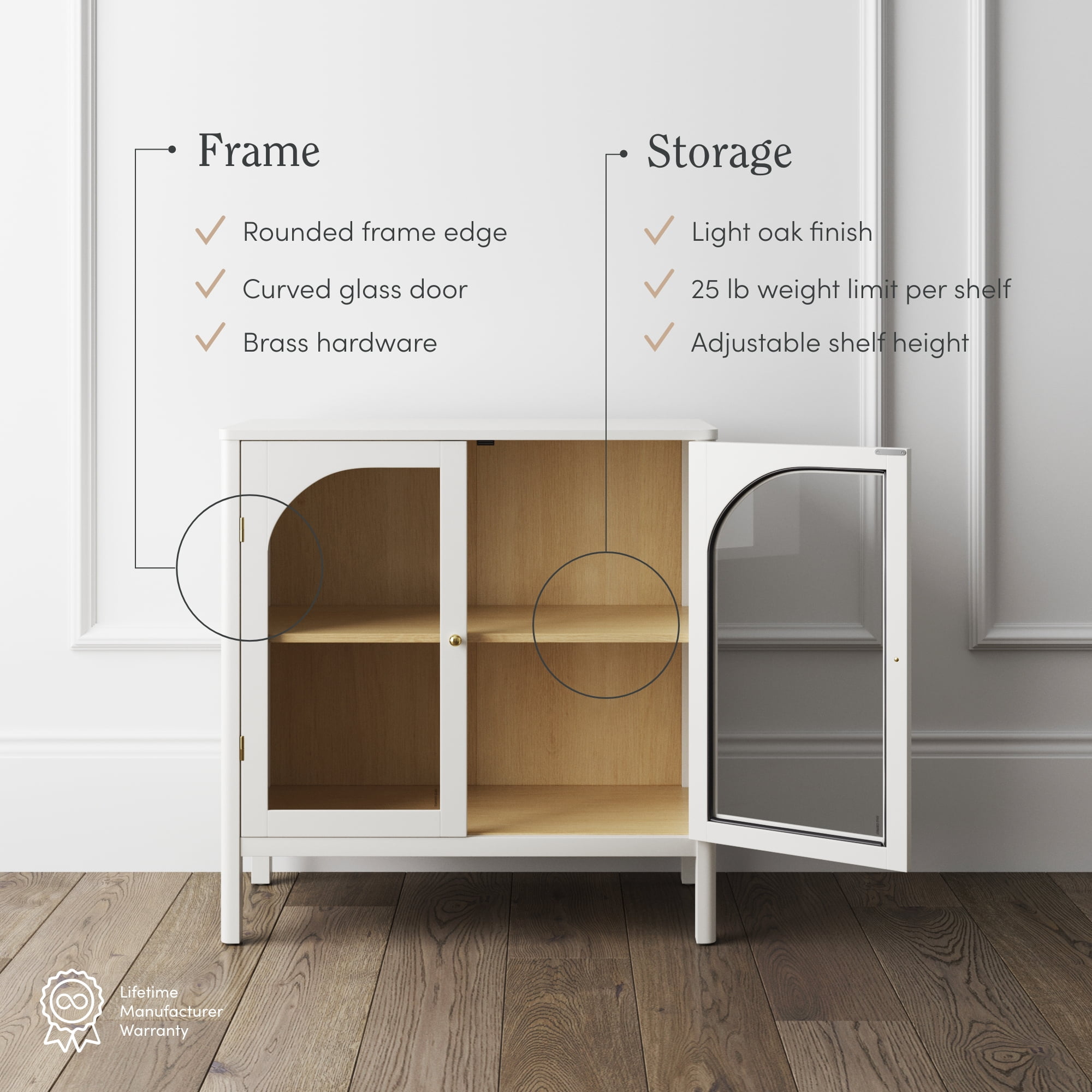 Nathan James Mason Free Standing Accent Sideboard Buffet, Credenza with Glass Doors and Adjustable Shelf in White Wood for Dining Room, Entryway and Living Room, Clear Glass/White/Light Oak
