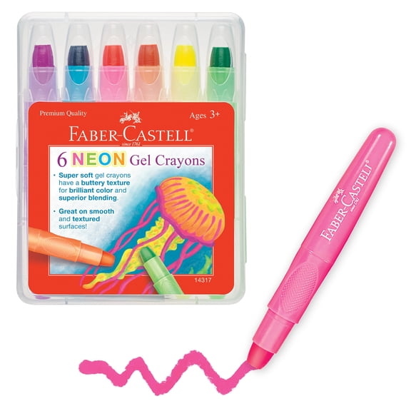Faber-Castell Neon Gel Crayons | Back to School Essentials | 6 Jumbo Gel Crayons in Durable Storage Case: Toddler Art Supplies for Coloring, Twistable Crayons for Kids Drawing Supplies Ages 3-4