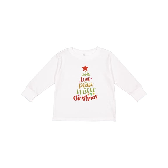 Inktastic Christmas Tree, Joy Love Peace Believe, Stars, Typography Boys or Girls Long Sleeve Toddler T-Shirt