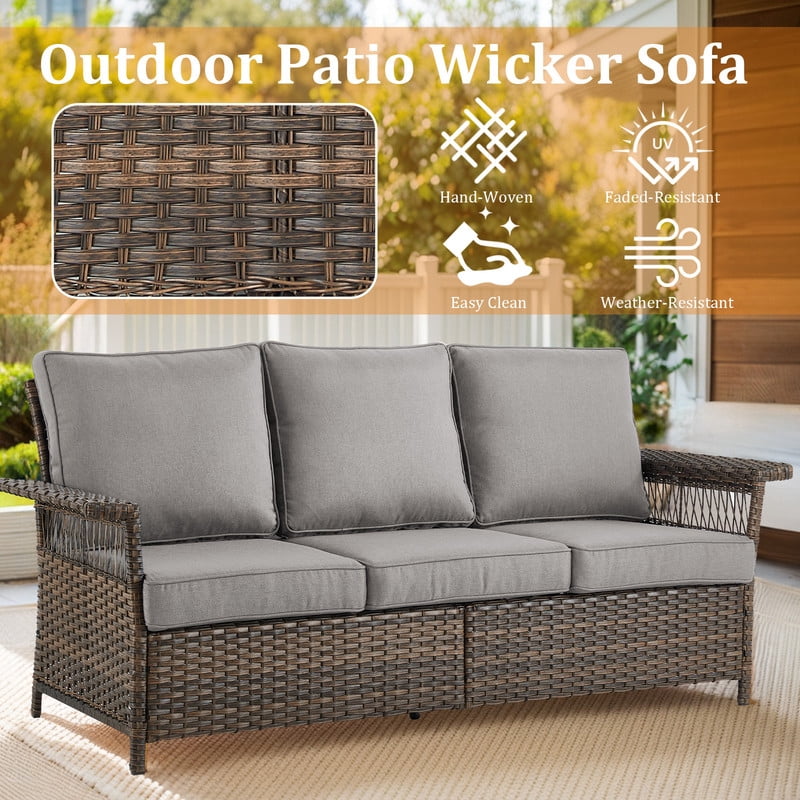 PARKWELL 4 Pieces Patio Furniture Set with Fire Pit Table, Outdoor All-Weather Wicker Conversation Couch Set with Swivel Gliders Chairs, Deep Seating Furniture for Porch Deck, Brown/Gray