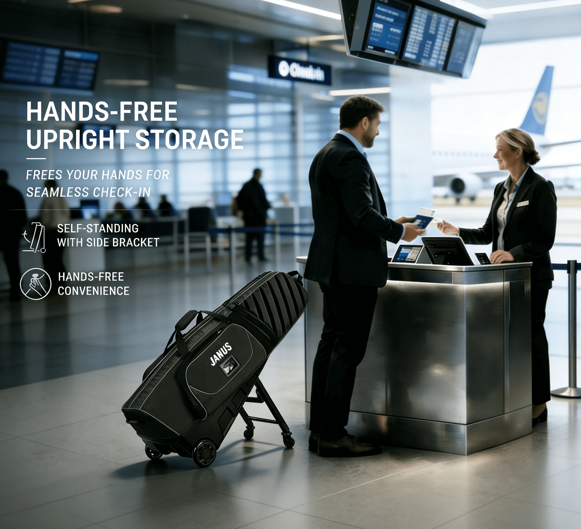 JANUS Golf Travel Bag with Integrated Foldable Support System, 4-Wheel Hands-Free Rolling & 2-Wheel Pull Mode, Reinforced Hard Base, Airline Checked Luggage Compatible