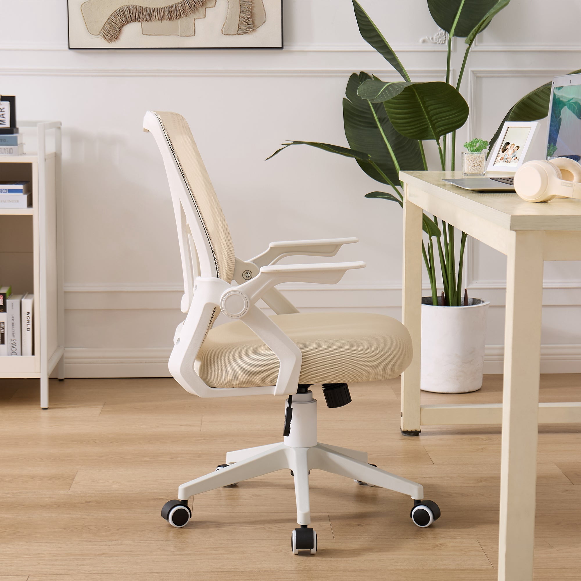 VECELO Mid-Back Swivel Adjustable Ergonomic Office Chair, Mesh Lumbar Support and Adjustable Arms Task Chair for Computer, Beige