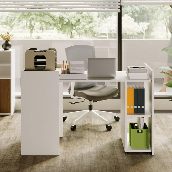 Foldable Desk with Storage Shelves and Wheels Space-Saving Computer Desk for Home Office White