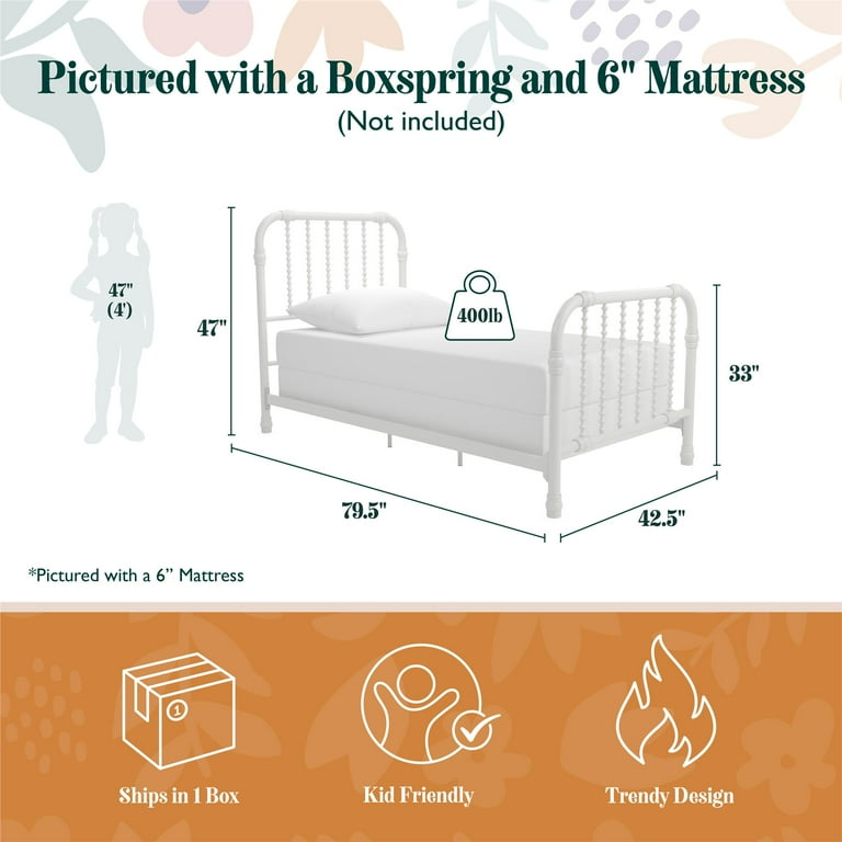 Max & Finn Wren Metal Bed with Spindle Headboard, Twin, White