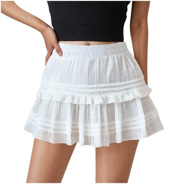 Besolor Women's Plus Size Summer Mini Skirt Layered Elastic High Waist Cute Ruffle Pleated a Line Short Skirt