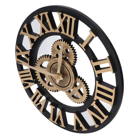 34cm Wooden Industrial Wall Clock with Exposed Gears - Large Retro Decorative Timepiece for Living Room Office