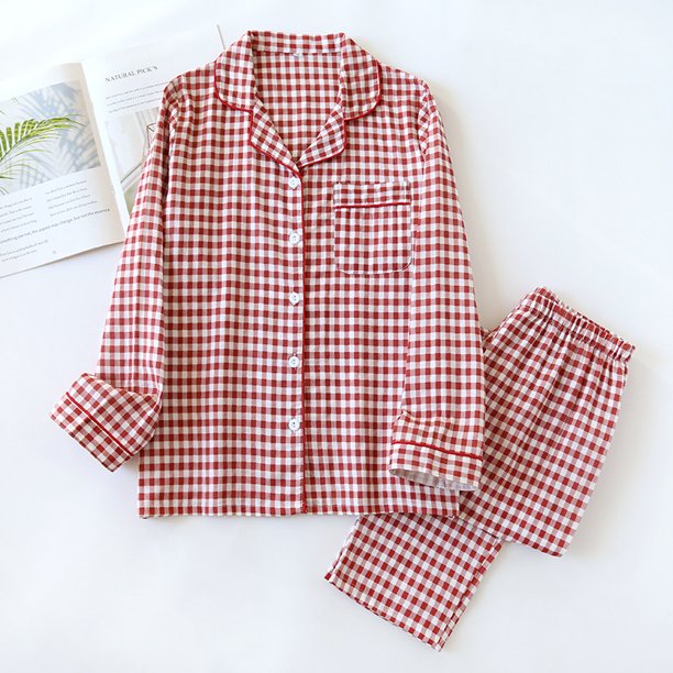2024 Spring/Summer Couple Pajama Set 100% Cotton Double Layer Gauze Men's and Women's Japanese Plaid Set Long sleeved Home Fury