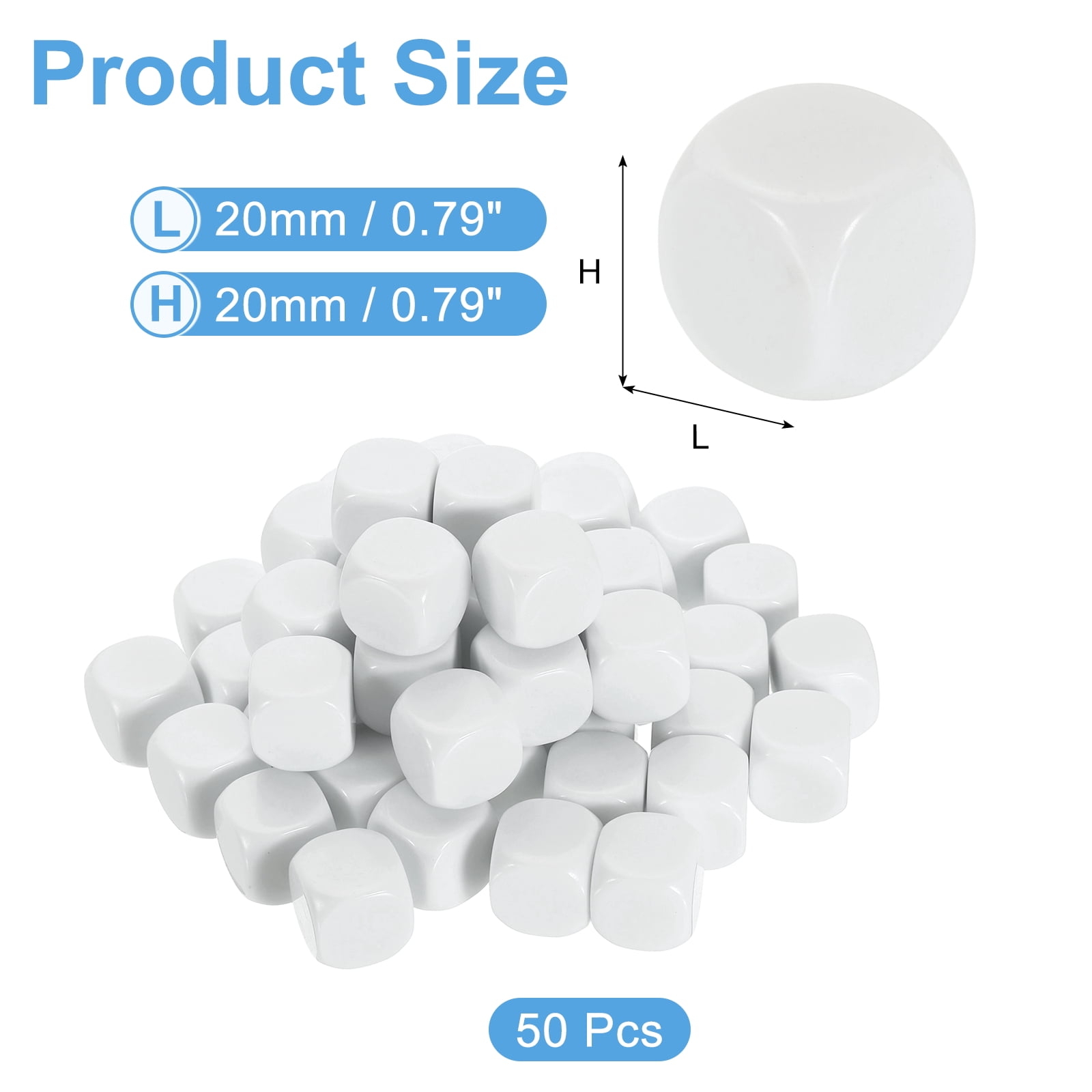 50Pack Rounded Blank Six Sided Dice 20mm/0.8inch Acrylic Dice, White