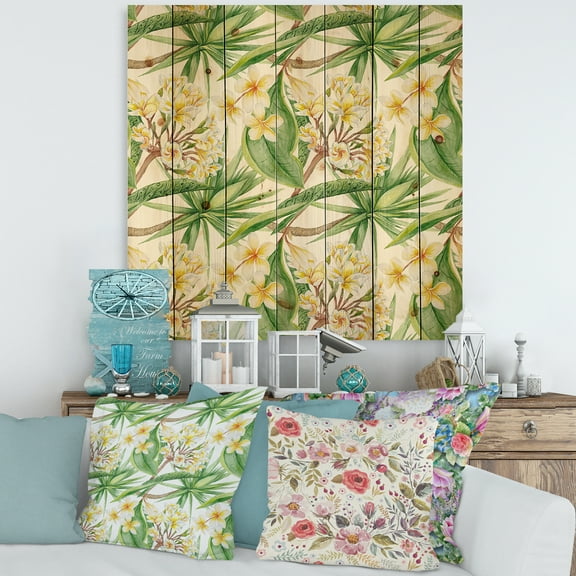 Designart 'Yellow Flowers and Tropical Foliage VI' Modern Print on Natural Pine Wood