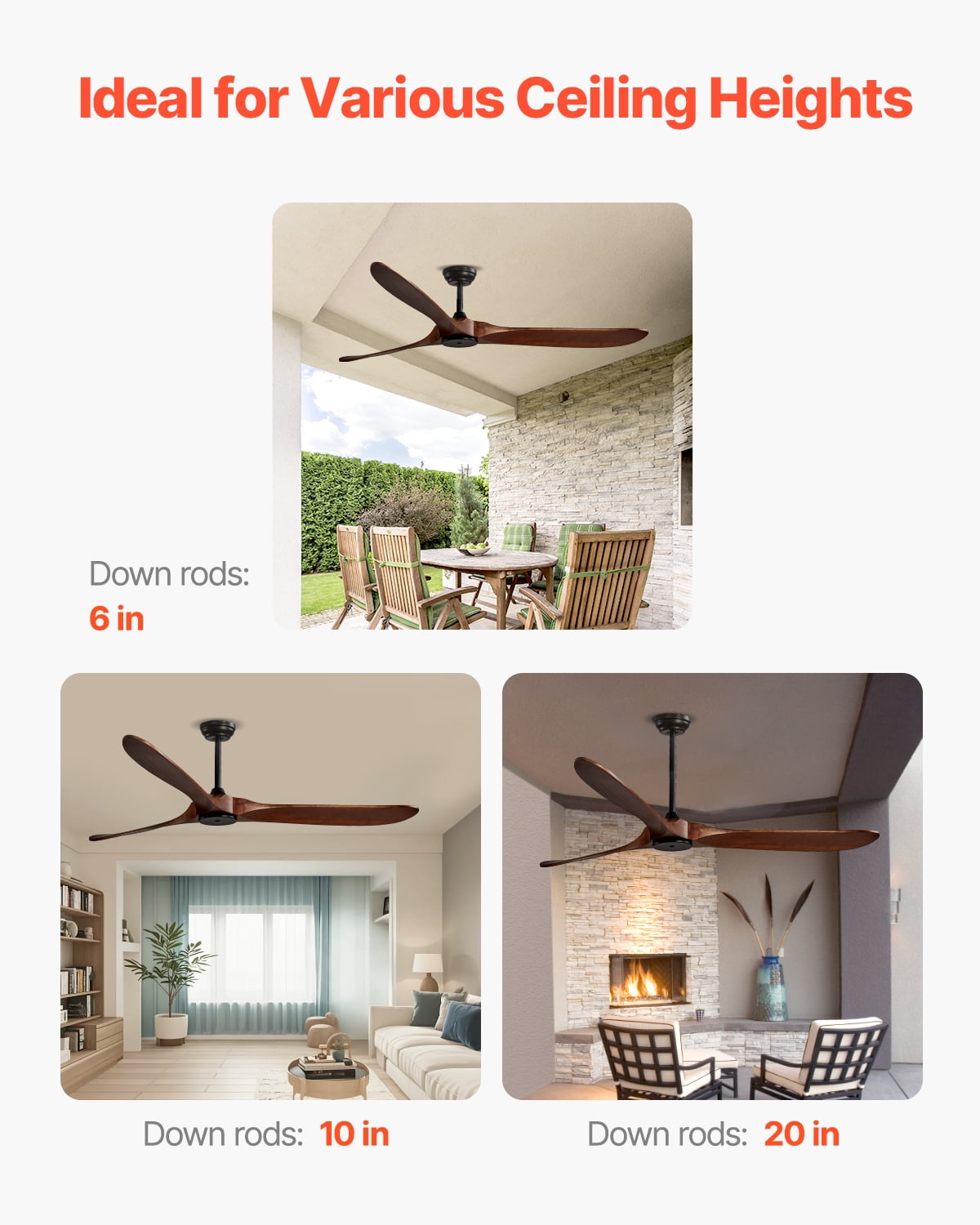 VEVOR 72 Inch Ceiling Fan without Light, 6-Speed Remote Control,3-Wood-Blade, Reversible DC Motor, Modern Low Profile Flush Mount Exterior Fan for Bedroom, Living Room, Patio, Indoor/Outdoor, Walnut