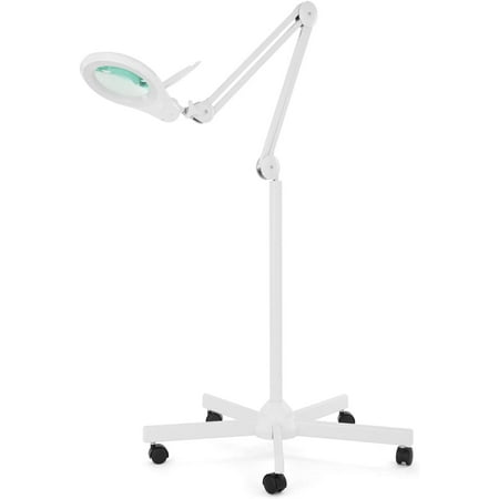

(New Model) GUVSOETS Bifocals 1 200 Lumens Super LED Magnifying Floor Lamp with 5 Wheels Rolling Base 5 Diopter with 20 Diopter Dimmable 5 Inches Diameter Lens Adjustable Arm Magnifier (White)