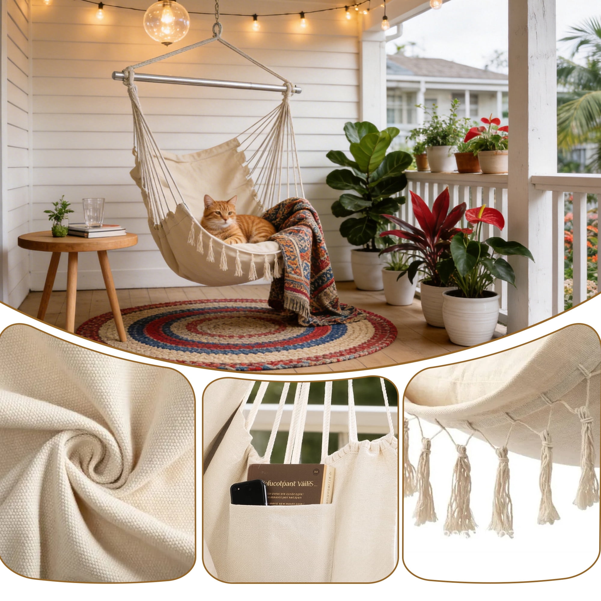 GARITIN Hammock Chair Swing, Cotton Hanging Chair with Detachable Metal Bar & Cushions, Indoor Outdoor Swing Chair for Patio Porch Bedroom
