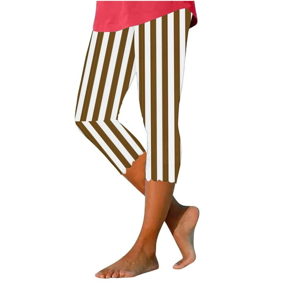 RQYYD Women Capri Leggings 2024 Dressy Casual Striped Summer Capris Knee Length Crop Pants Trendy Lightweight Ladies Clothing