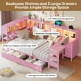 thumbnail image 4 of Twin Size Corner Bed Frame with Desk,Charging Station and Bookcase Storage,Twin Daybed with Storage Drawers and Led Lights, Metal Platform Bed Frame with Open Shelves,Pink, 4 of 11