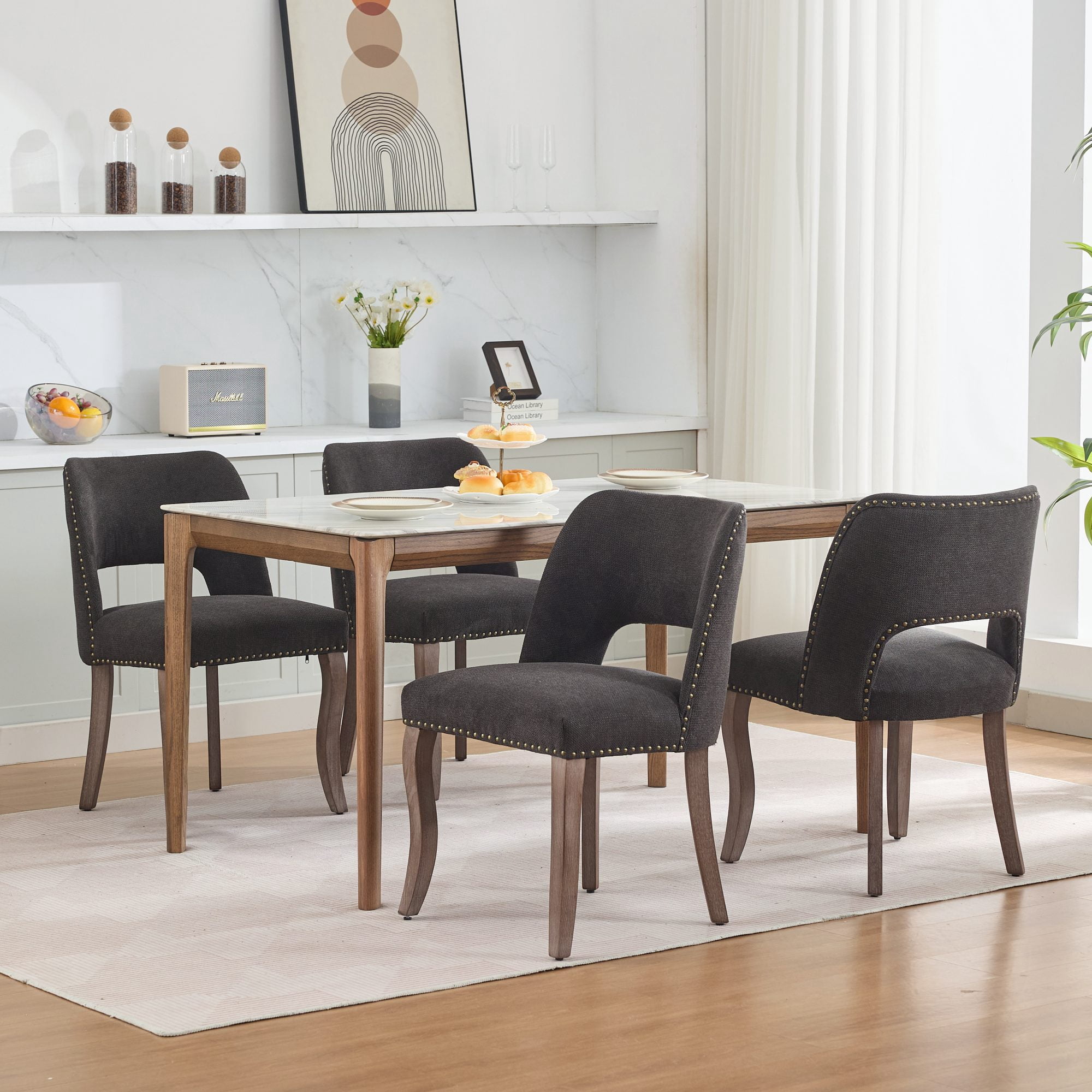 Set of 6 Wood Dining Chairs with Fabric Upholstered Back and Seat Modern Accent Side Chair w/Wood Legs for Living Room/Dining Room/Bedroom/Restaurant
