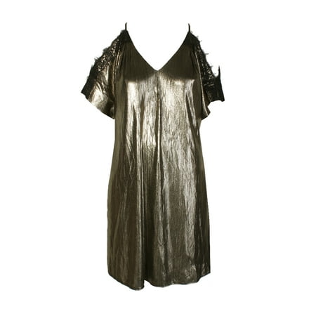 Metallic Shift Dress - Rachel Rachel Roy Metallic Gold Black Lace Trim Cold-Shoulder Shift Dress XS