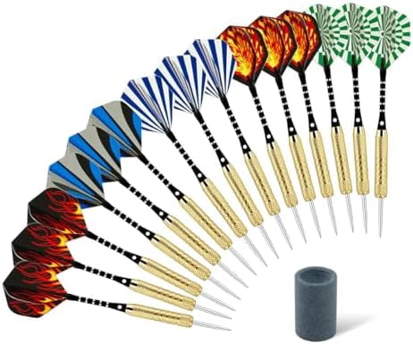 15 Pack Steel Tip Darts 18 Grams, Professional Darts Metal Tip Set with Aluminum Shafts, Standard Flights, Rubber O'Rings and Extra Dart Sharpener