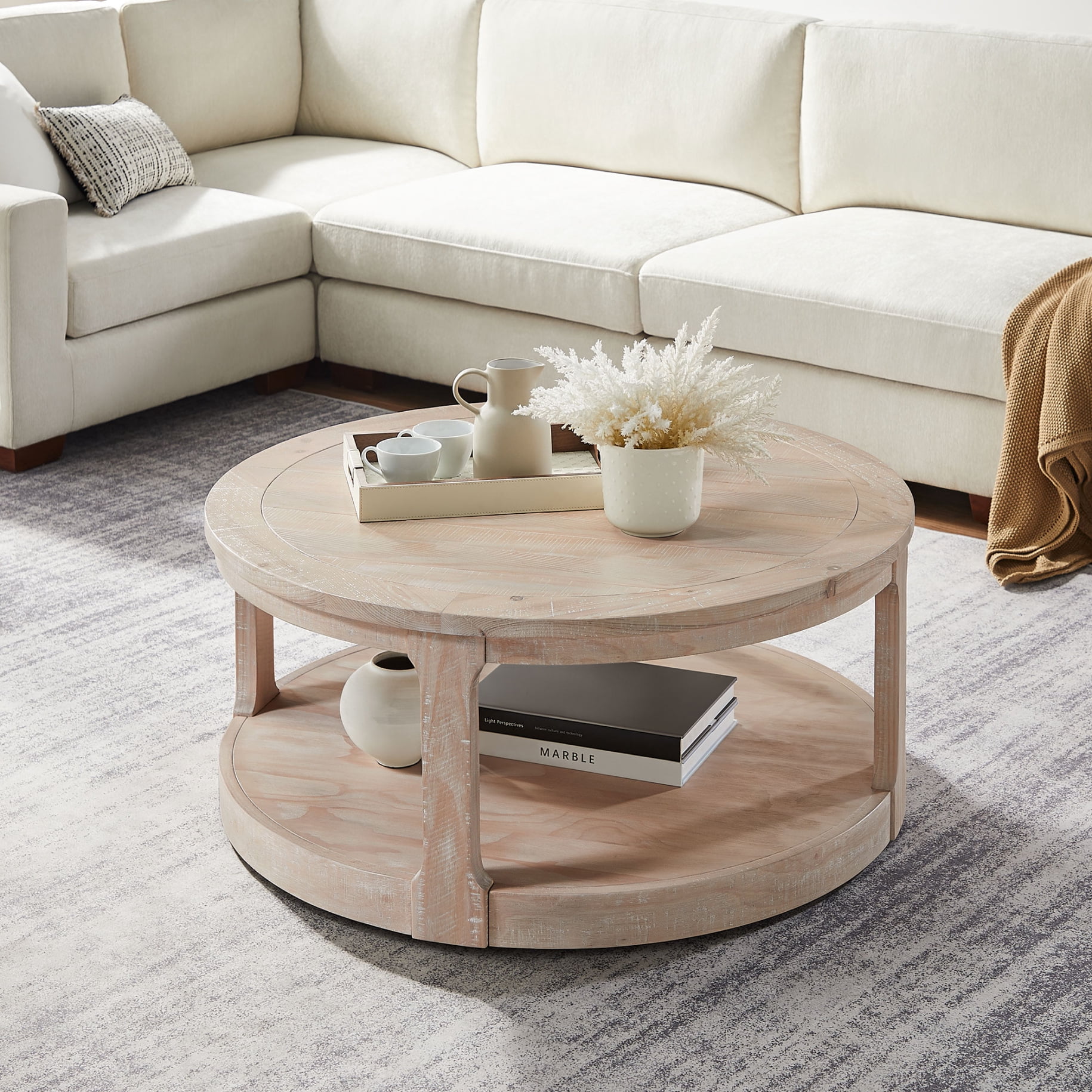 Round Coffee Table on Wheels, 40" Wooden 2-Tier Circle Coffee Table with Storage Shelves, Modern Accent Center Table for Living Room, Oak