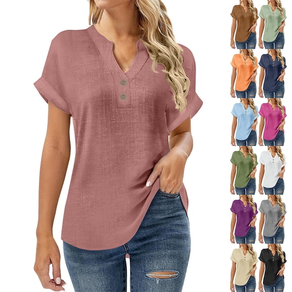 Otvok Women's Fashion Solid Button Shirt Female-Neck Loose T-shirt Blouse