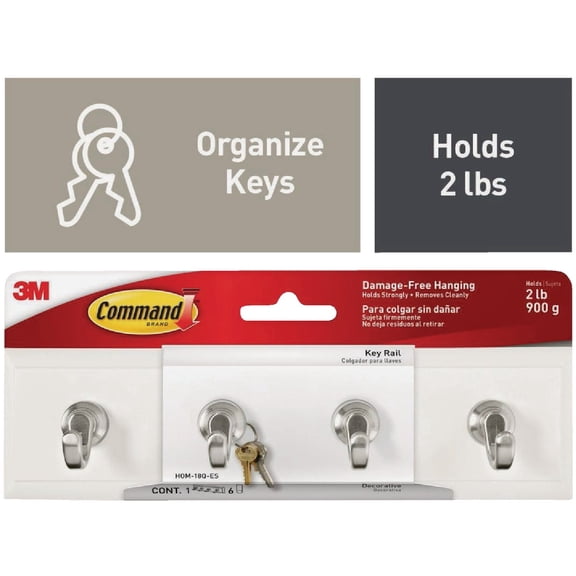 3M Command HOM18QES Decorative Key Rail, 8w x 1 1/2d x 2 1/8h White/Silver, 4 Hooks/Pack