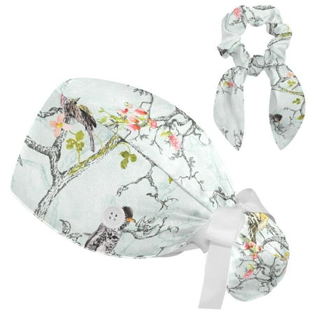 

Working Cap with Buttons and Sweatband Scrub Hat Bouffant Caps with Scrunchie Retro Flowers Floral Tie Back Hats