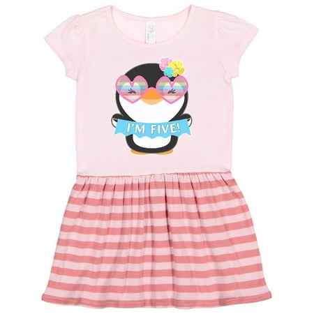 

Inktastic I m 5 Cute Penguin with Sunglasses and Flowers Gift Toddler Girl Dress