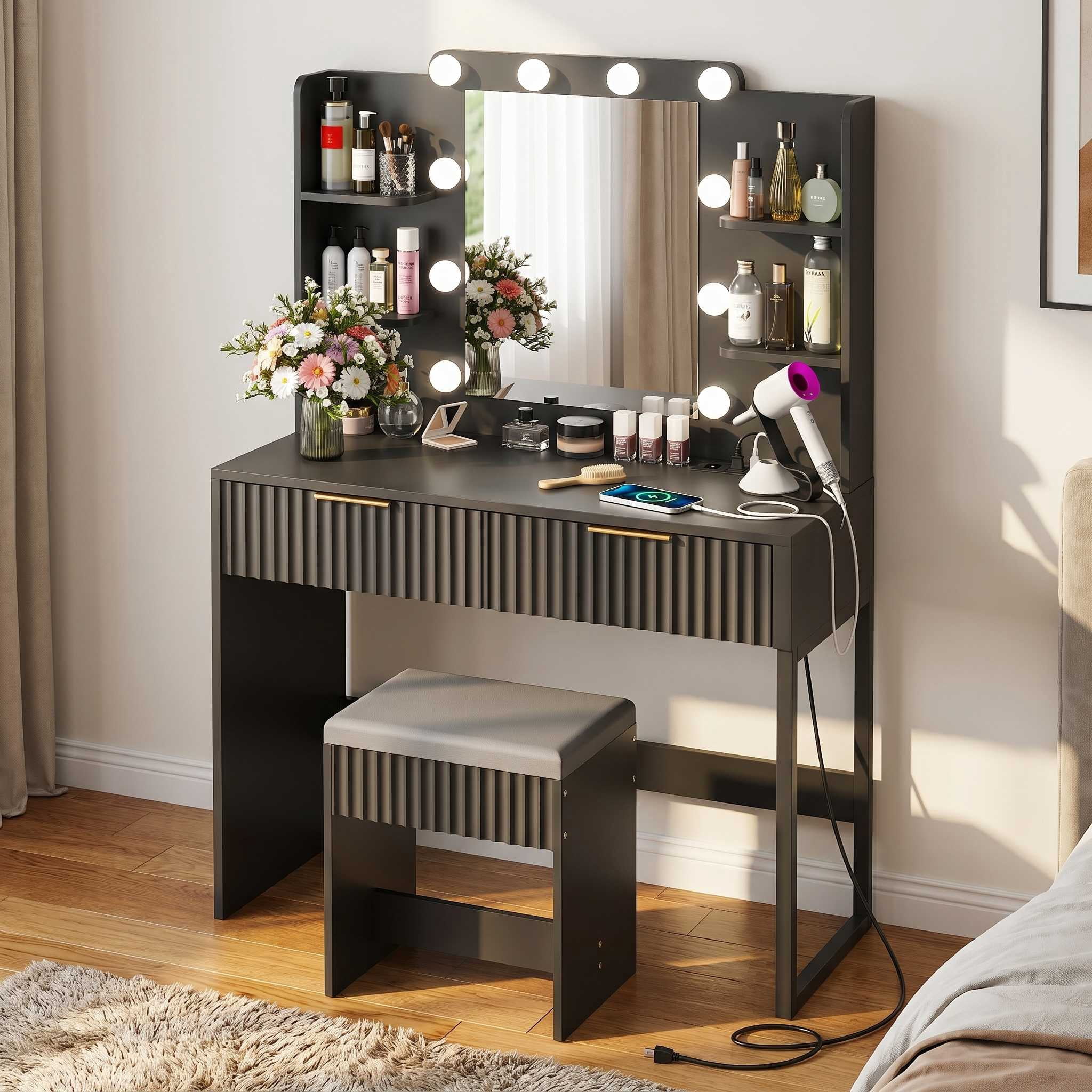 Zimtown Modern Makeup Vanity Table Set with LED Lights , Mirror and Charging Station, Dressing Desk with 2 Drawers for Bedroom, Black