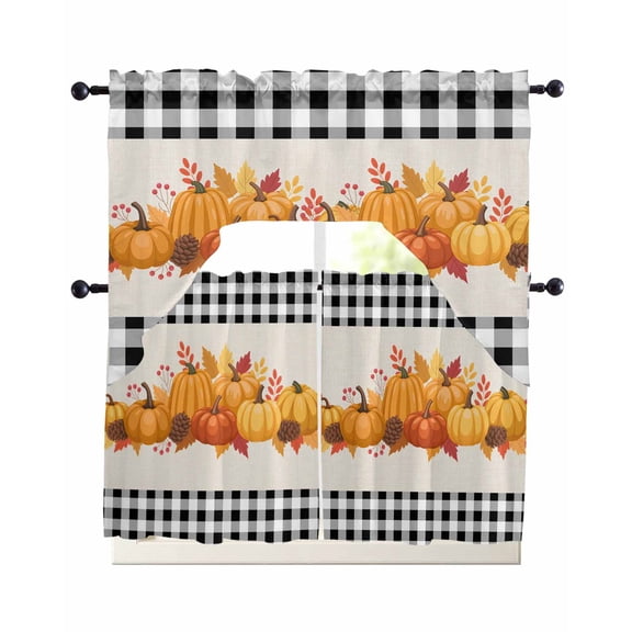 Fall Kitchen Curtains Sets 36 Inch Length with Valance, Orange Pumpkins Thanksgiving Autumn Rustic Leaf Plaid Swag Valances and Tiers Curtain Set Drapes Swag Curtains for Living Room, Bathroom
