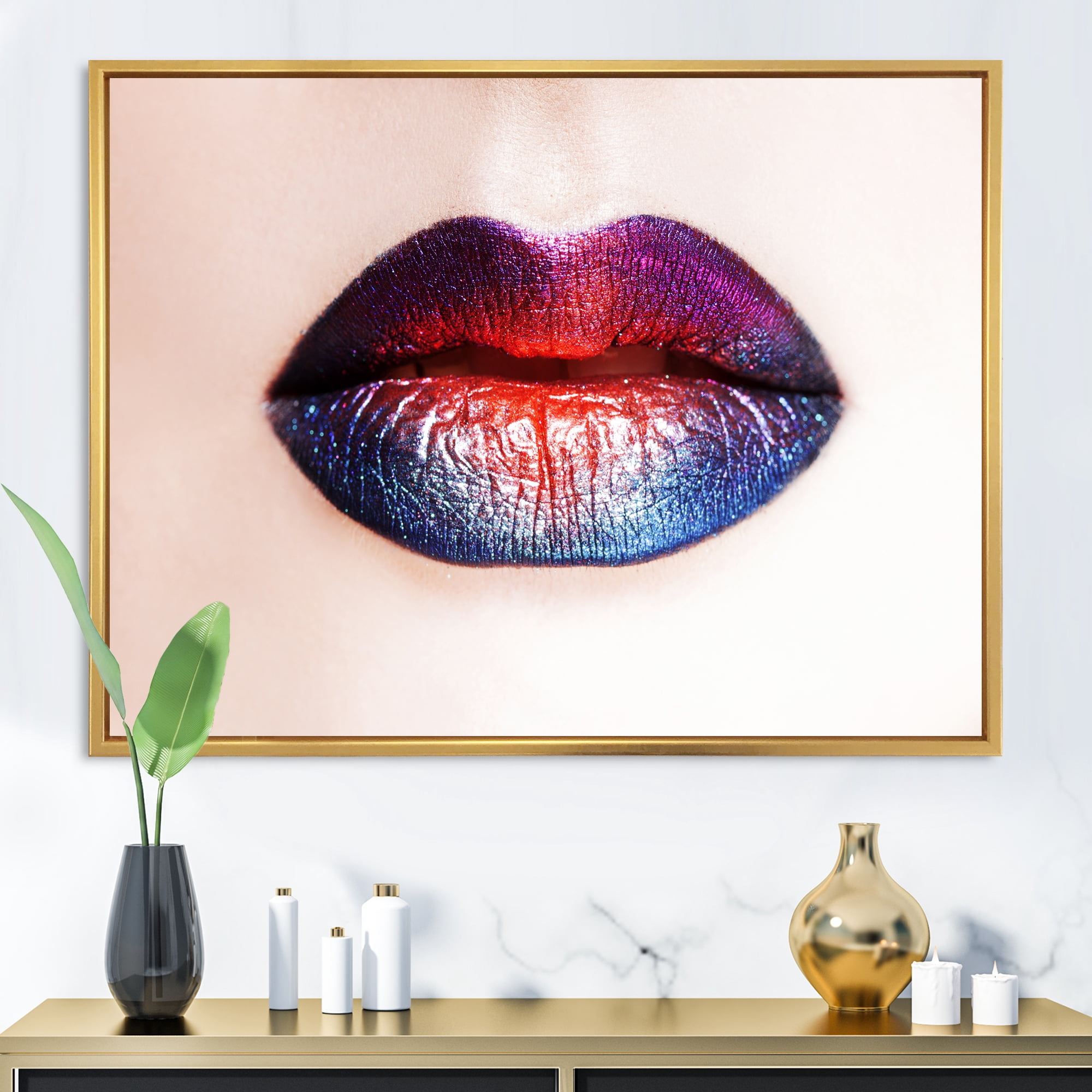 Designart 'Female Lips With Bright Multicolored Lipstick' Modern Framed Canvas Wall Art Print