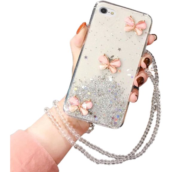 For Apple iPhone 7 White Smart Shockproof Glitter Crystal butterfly Wrist Strap Cover Case