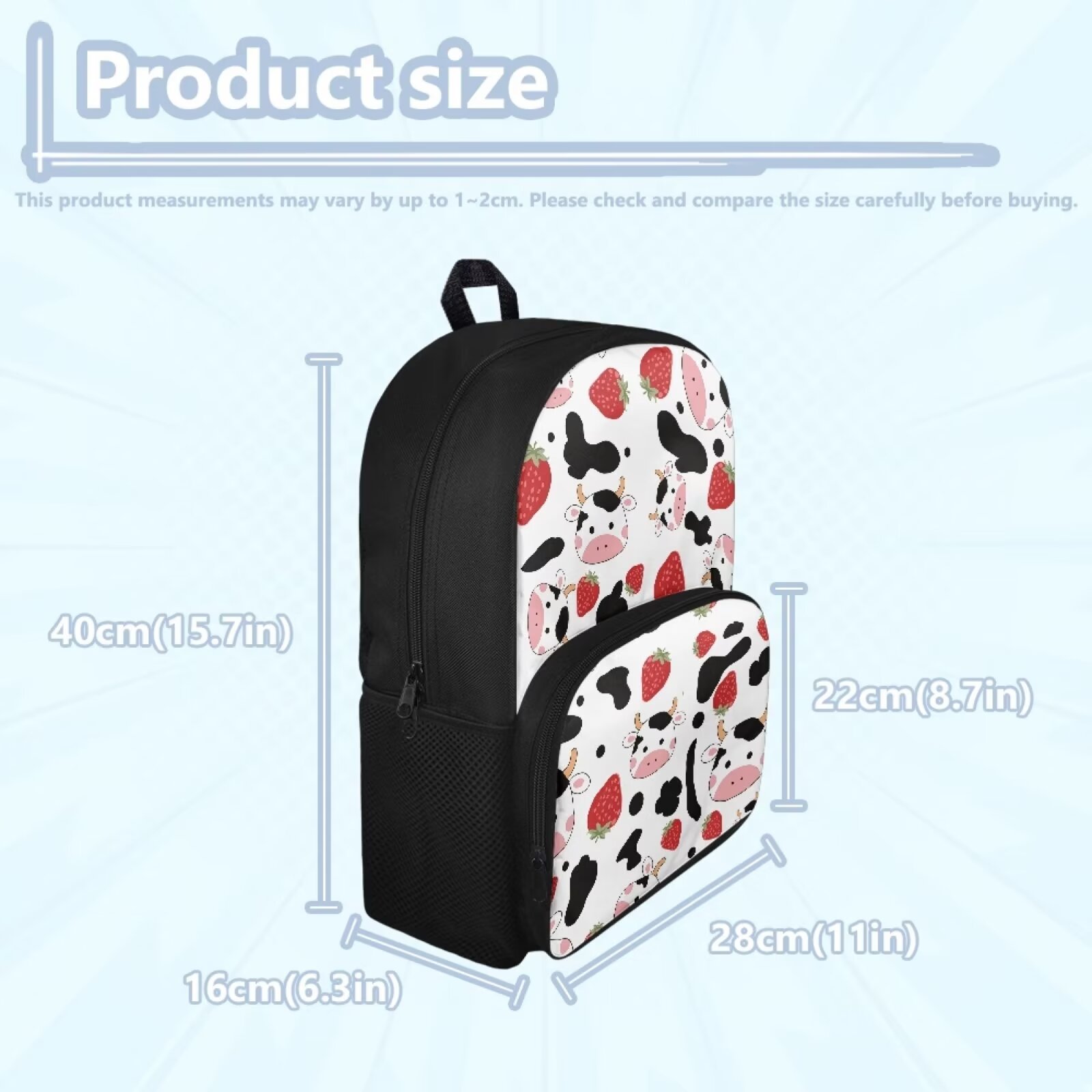 FOR U DESIGNS Portable Backpacks for High School Girsl Casual Bookbag with 2 Sides Pockets, Cow Print Strawberry School Bags Work Office Laptop Bag Leisure Daypack Storage Purse