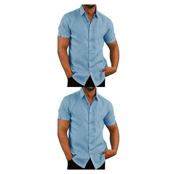 Qarigey Camisa de un solo pecho para hombre de banquete, camisas de verano con botones y cuello vuelto, ropa de moda, regalo de cumpleaños, Azul XXL 2piezas