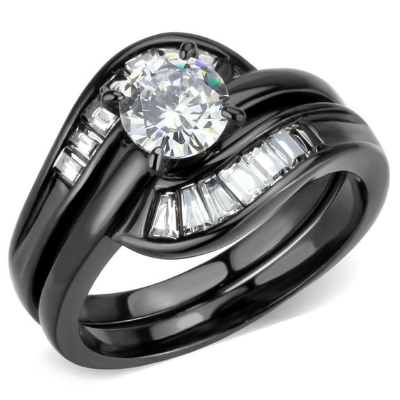 Womens 0.65 Carat Round Cut CZ Black IP Stainless Steel Wedding Ring Set - Size 10