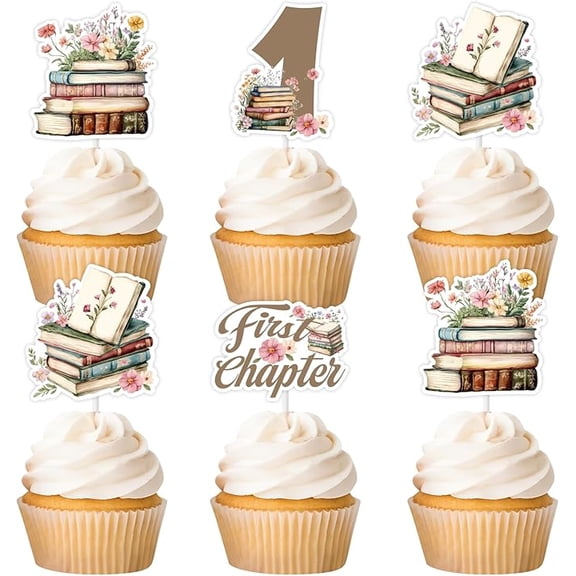 24Pcs Retro Storybook Cupcake Toppers, Storybook 1st Birthday Cupcake Picks, First Chapter Book Club Themed 1st Bday Baby Shower Decorations Supplies