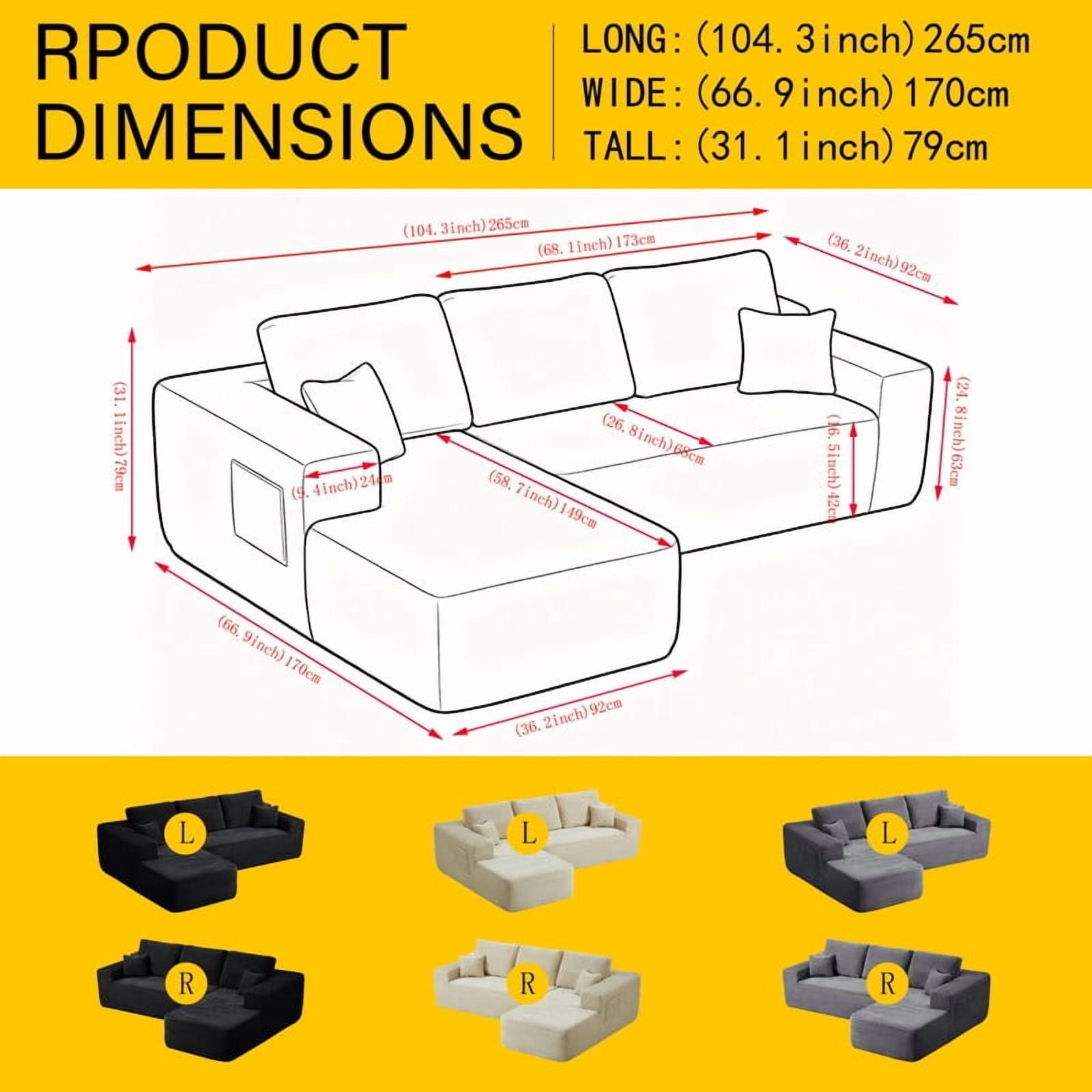 104" Cloud Sectional Couch, Boneless Sofa for Living Room, Modular Sectional Sofa with Deep Seat, Comfy Fluffy Couch with L-Shaped Chaise, No Assembly Required (Right-Facing Chaise, Black)