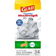 Glad Trash Bags, ForceFlexPlus Tall Kitchen Drawstring Garbage Bags - 13 Gallon Grey Trash Bag, Gain Original with Febreze Freshness 34 Count (Package May Vary)