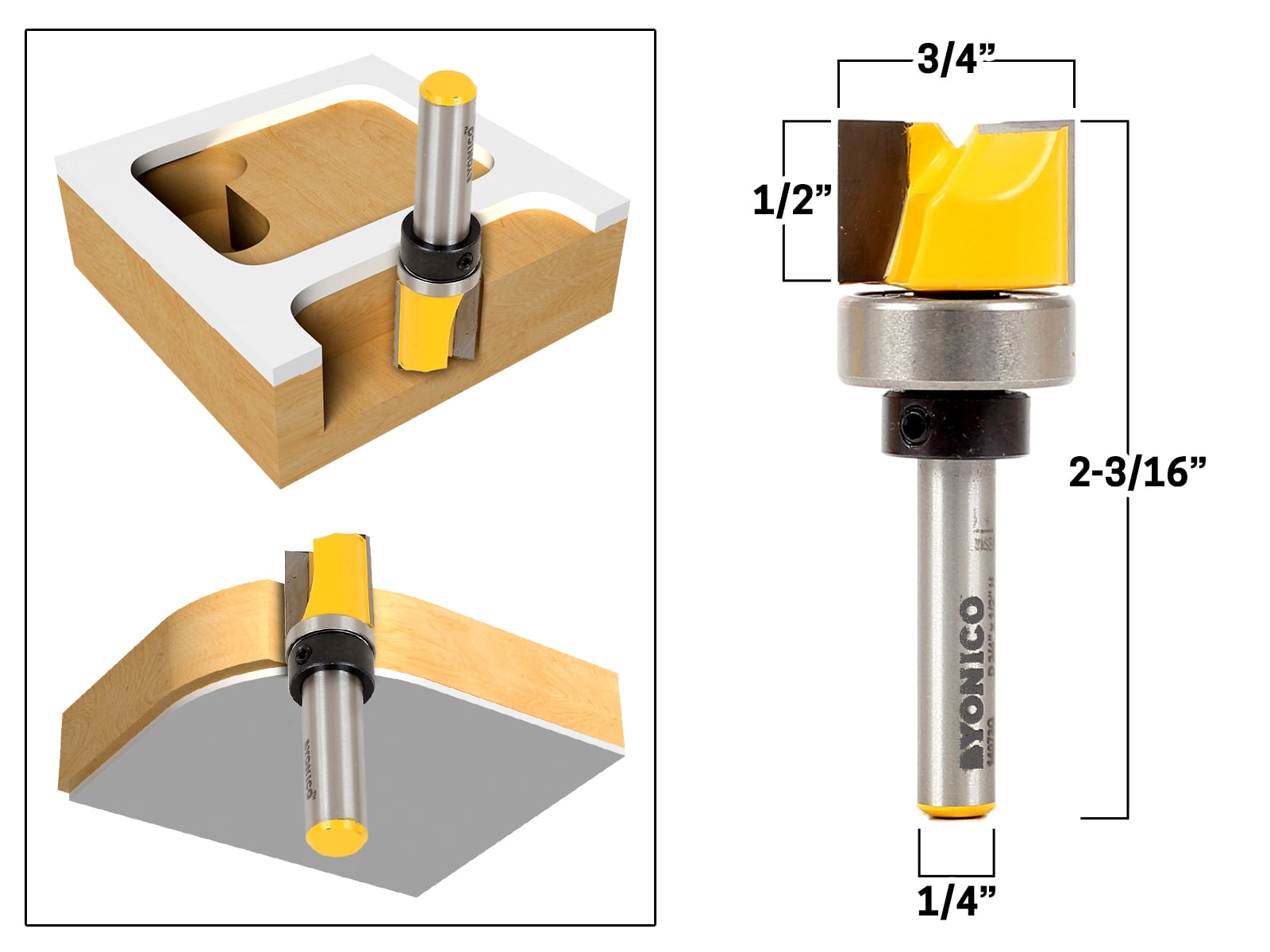 4 Bit 3/4" Diameter Flush Trim Template Router Bit Set - 1/4" Shank - Yonico 14425q