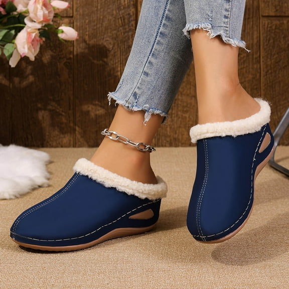 SYMSHOES Womens Faux Faux Fur Warm Slippers PU Faux Leather Indoor Outdoor Slip-On Mule with Ergonomic Sole - Blue,Size 39