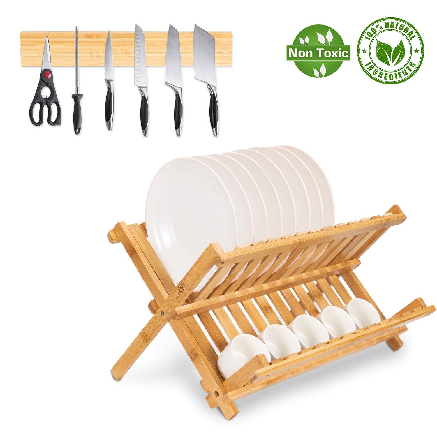 Bamboo Foldable Dish Drying Rack 15 Slot Collapsible 2Tier Dish Cup