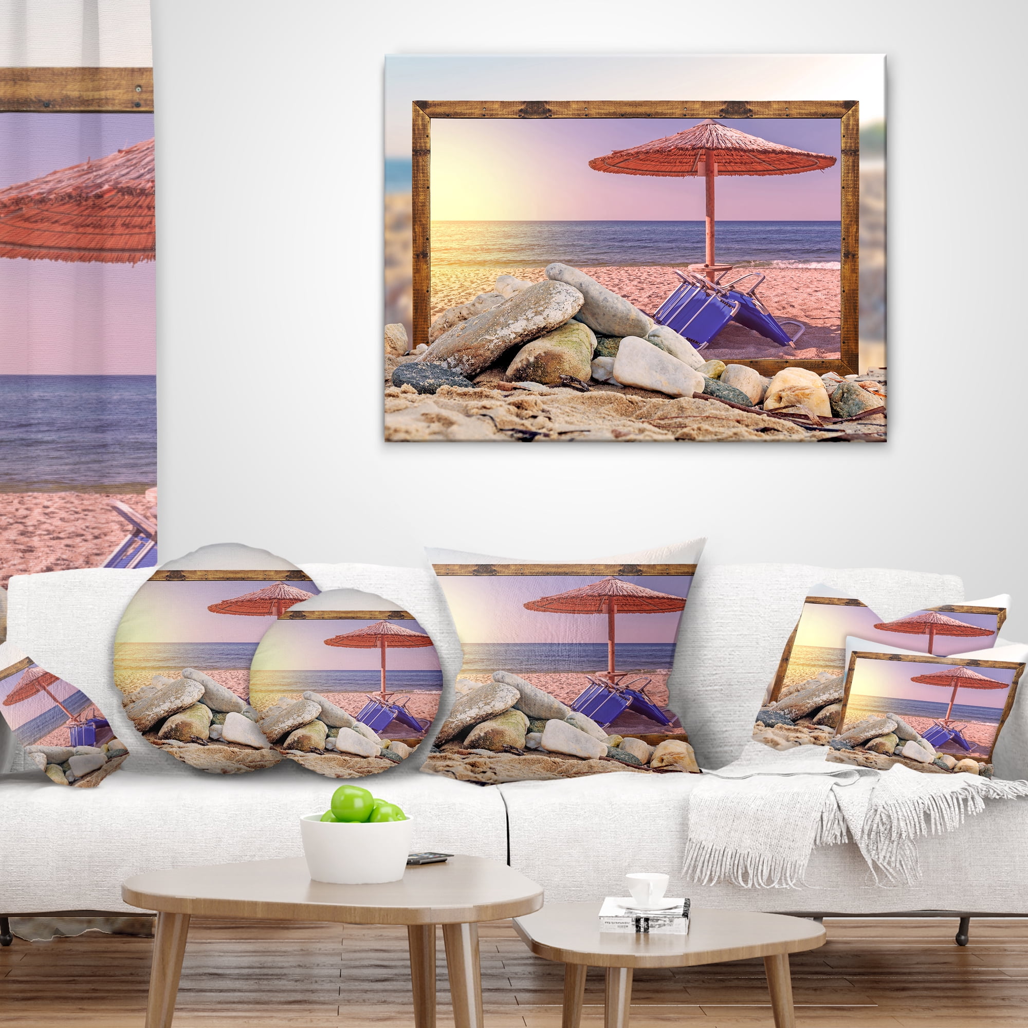 Designart Framed Effect Beach Sunset - Seashore Throw Pillow - 18x18